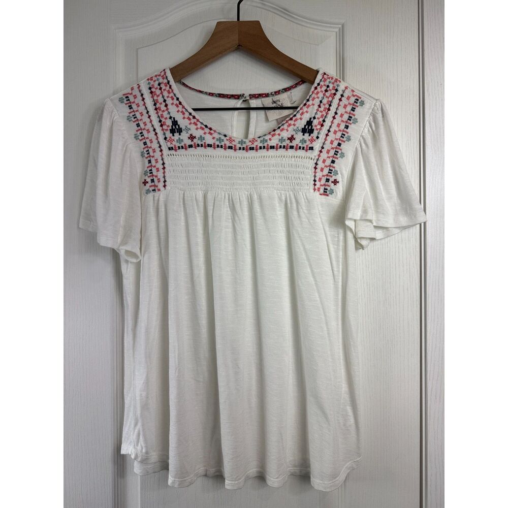 Knox Rose Womens Medium Embroidered Peasant Top White Boho Smocked
